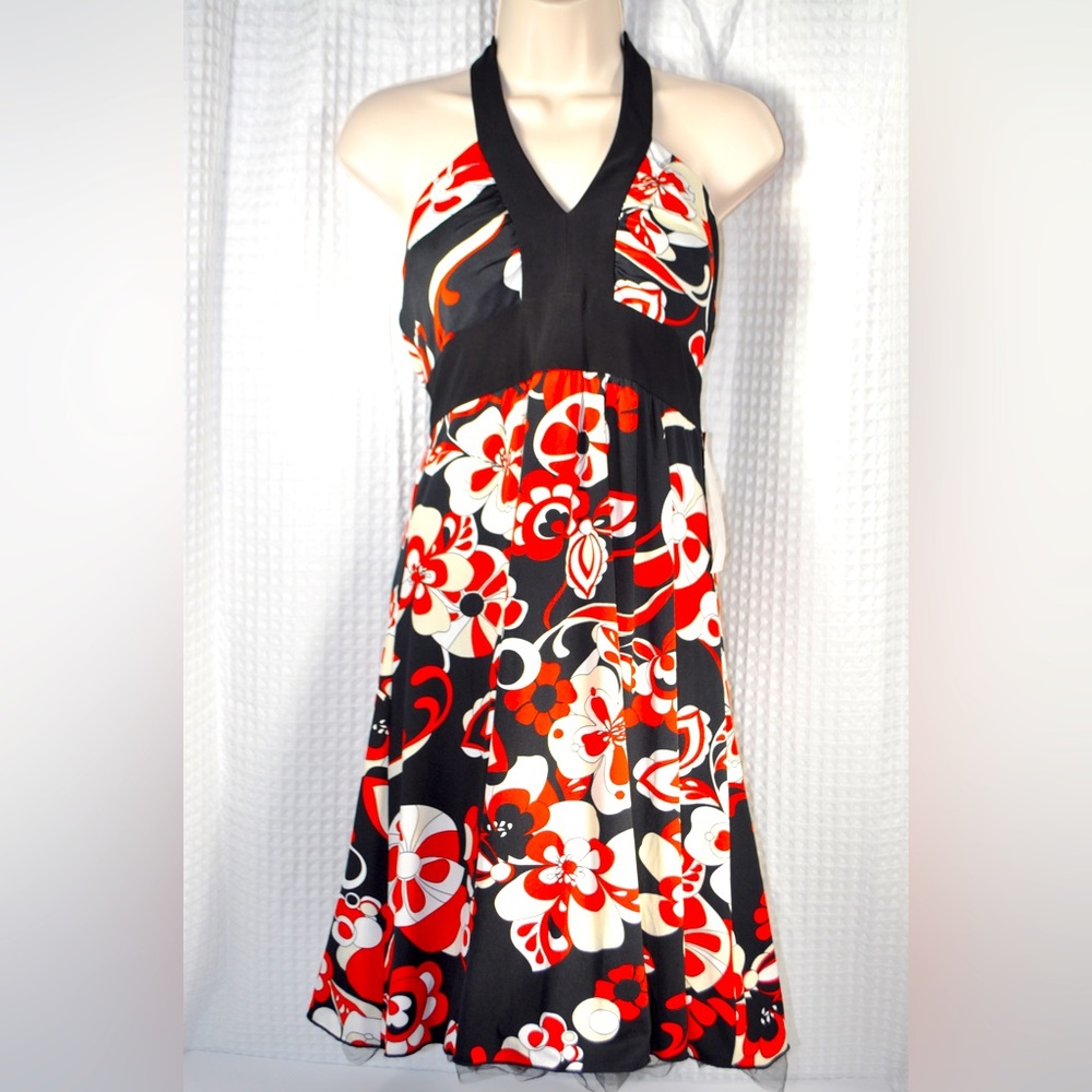 NWT Love Tease Bold Floral Black Red And White Halter Dress Women’s Size Large - Picture 3 of 8